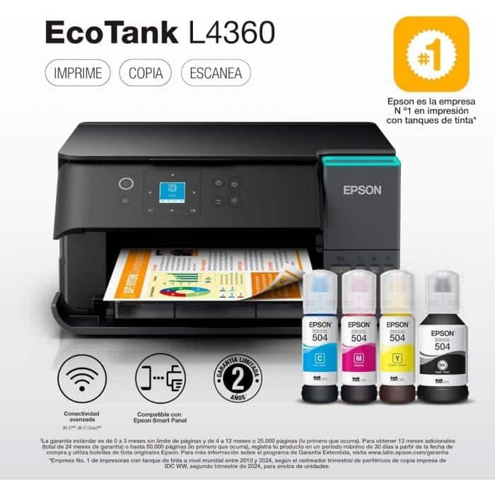 IMPRESORA EPSON ECOTANK L4360 DUPLEX WIFI SMART PANEL MULTIFUNCION TINTA CONTINUA 504 GARANTIA 12 MESES