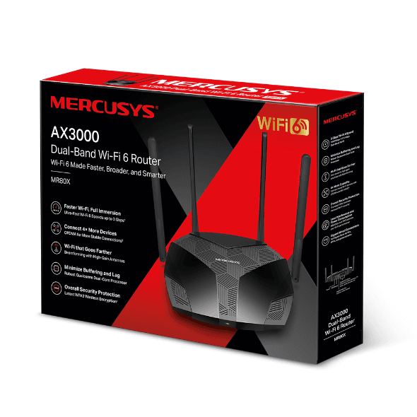 ROUTER MERCUSYS MR80X WIFI 6 AX3000 GIGABIT DUAL BAND 2.4GHz 574Mbps Y 5GHz 2402Mbps MU-MIMO y OFDMA4 ANT.*5dBi GARANTIA 12 MESES